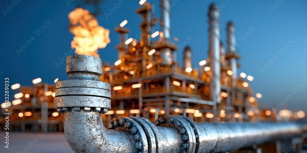 Fototapeta premium Oil Refinery Pipeline and Flare Stack at Dusk