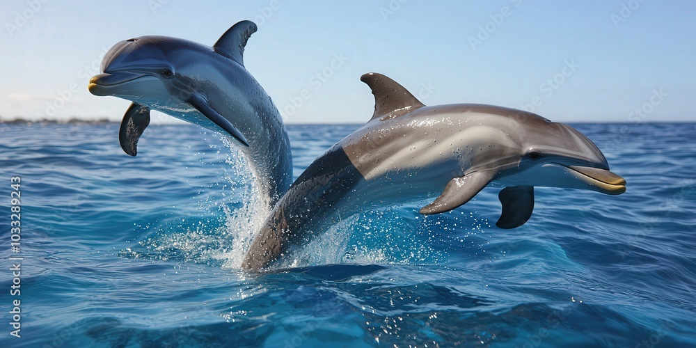 Naklejka premium Two Dolphins Leaping Through the Ocean Waves in a Sunny Day Wildlife Photography