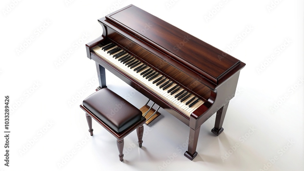 Piano and stool isolated on white background, high angle view Piano and stool isolated on white background, high angle view