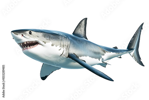 great white shark - Carcharodon carcharias - full view while swimming, face and teeth visible isolated on white background all fins and gills showing