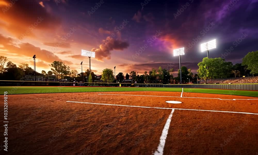 A scenic view of a baseball field at sunset, highlighting the diamond and surrounding landscape. A scenic view of a baseball field at sunset, highlighting the diamond and surrounding landscape.