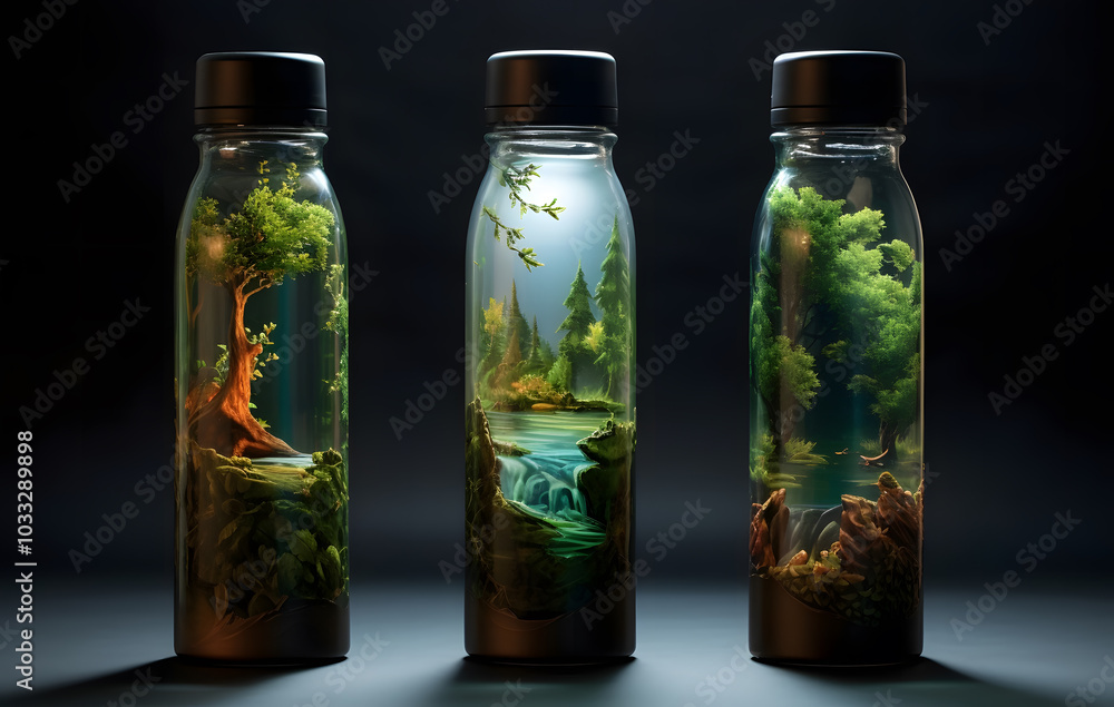 Glass bottles filled with water with natural scenes inside Glass bottles filled with water with natural scenes inside