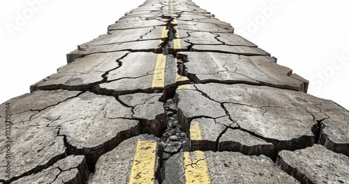 asphalt road isolated on white background. old destroyed, worn out roadbed with cracks. way over the horizon.