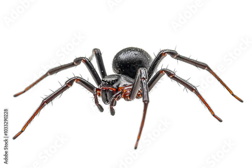 Latrodectus mactans - southern black widow or the shoe button spider, a venomous species of spider in the genus Latrodectus. Florida native. Young female isolated on white background front side view photo