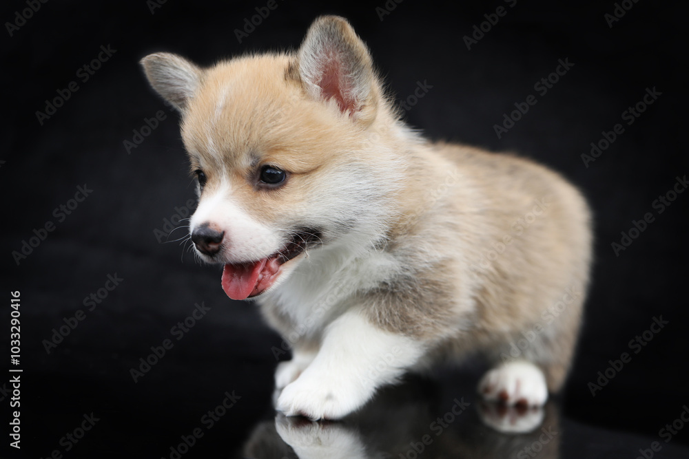 Cute small pembroke welsh corgi puppy on black background Cute small pembroke welsh corgi puppy on black background