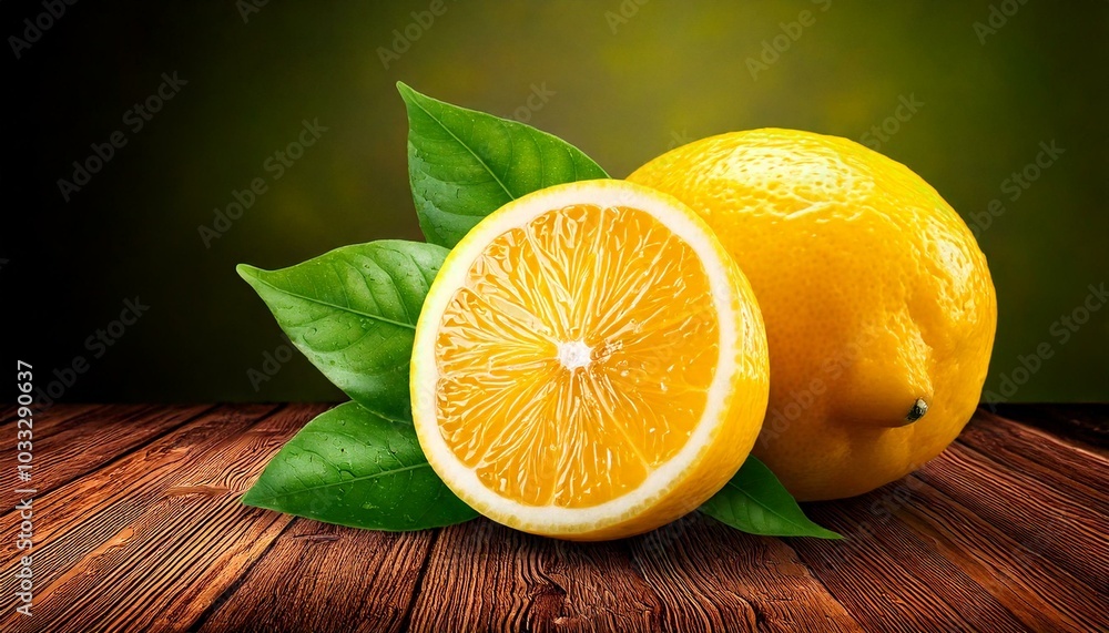 Fresh lemon with leaves on a wooden table Fresh lemon with leaves on a wooden table