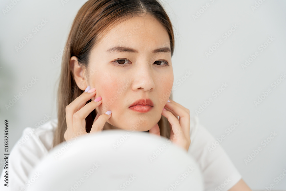 Woman worried about face Dermatology, rosacea dermatitis, allergic steroids, sensitive skin, red face from sunburn, acne, dry skin, large pores ,rash face, dull, freckles, wrinkle, skin problem Woman worried about face Dermatology, rosacea dermatitis, allergic steroids, sensitive skin, red face from sunburn, acne, dry skin, large pores ,rash face, dull, freckles, wrinkle, skin problem