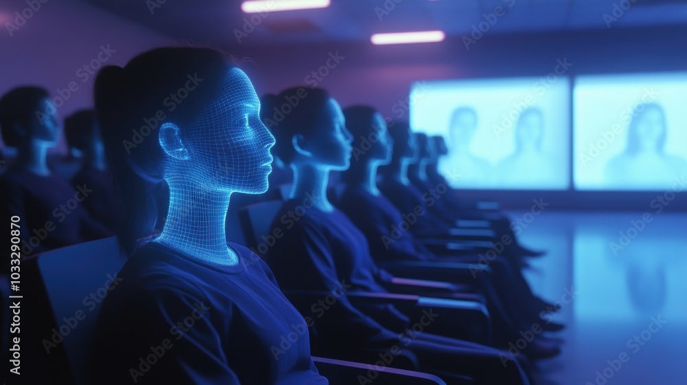 Wireframe woman sitting in a row of chairs. Wireframe woman sitting in a row of chairs.