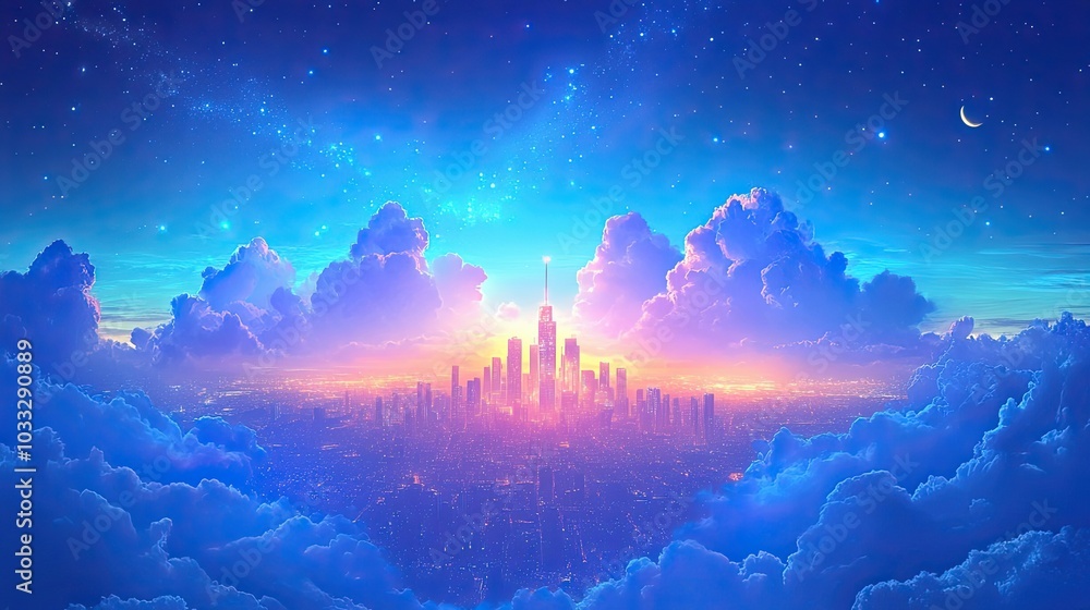 Cityscape with Cloud Cover and Starry Night Sky Cityscape with Cloud Cover and Starry Night Sky