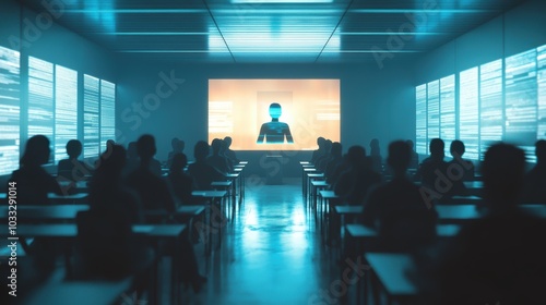 Silhouettes of people in a lecture hall watching a presentation.