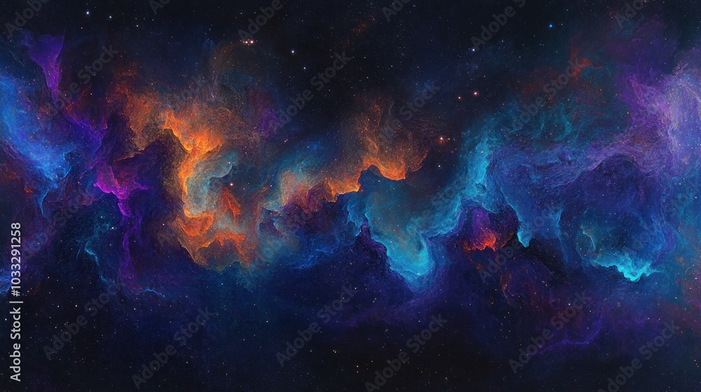 A vibrant nebula with swirls of orange, blue, and purple against a dark starry background. A vibrant nebula with swirls of orange, blue, and purple against a dark starry background.