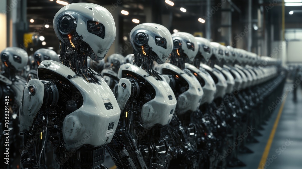 Fototapeta premium A line of white robots standing in a factory.