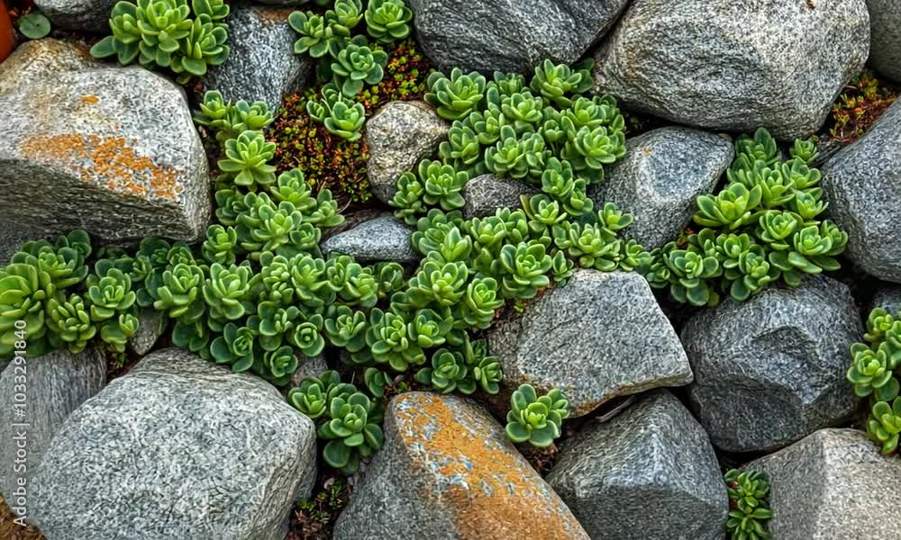 A close-up of lush green succulents growing among textured stones. A close-up of lush green succulents growing among textured stones.