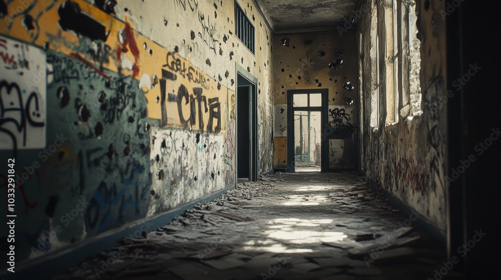 Dark hallway with bullet holes and graffiti. Dark hallway with bullet holes and graffiti.