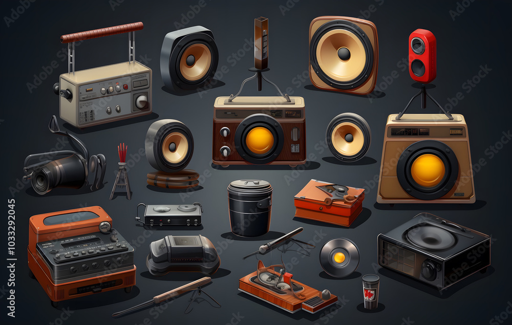 Naklejka premium A collection of vintage audio and music icons featuring a mixer, speakers, cassette player, and retro technology elements in black 