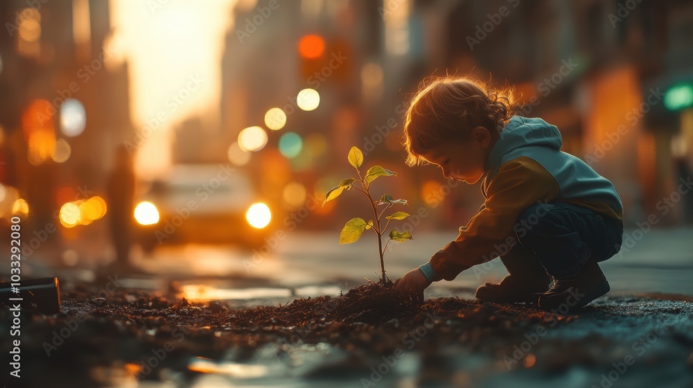 Fototapeta premium Child plants a sapling in the city.