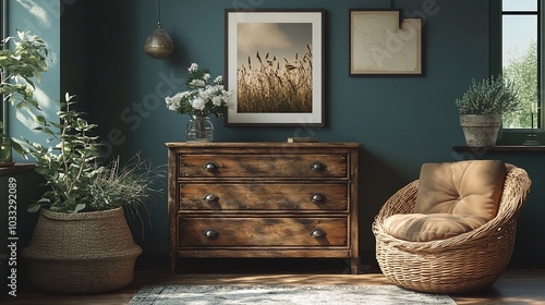 Cozy interior featuring a wooden dresser, a comfortable chair, and decorative plants.