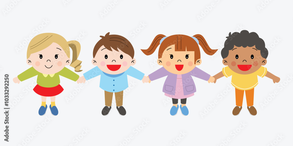 Boys and girls playing together holding hands looking up group of multiracial kids children cute illustration simple drawing happy smiling cheerful colorful classmate Boys and girls playing together holding hands looking up group of multiracial kids children cute illustration simple drawing happy smiling cheerful colorful classmate
