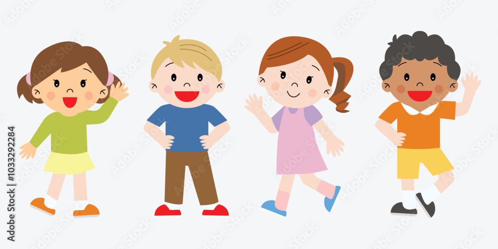 Boys and girls playing together waving hands group of multiracial kids children cute illustration simple drawing happy smiling cheerful colorful classmate Boys and girls playing together waving hands group of multiracial kids children cute illustration simple drawing happy smiling cheerful colorful classmate
