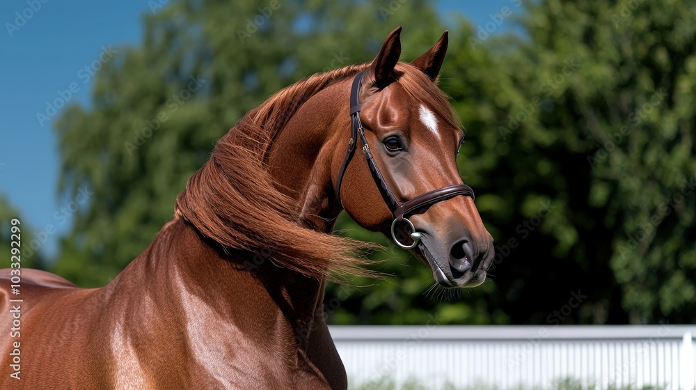 Naklejka premium Majestic Chestnut Arabian Stallion Portrait in Meadow