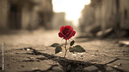 A red rose grows from cracked pavement.