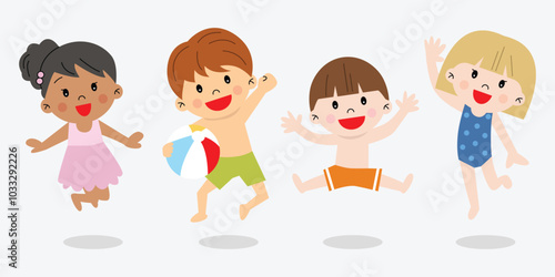 Boys and girls jumping excitedly in swimwear beach holiday summer vacation group of multiracial kids children cute illustration simple drawing happy smiling cheerful colorful classmate