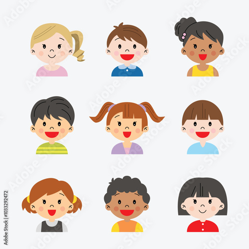 Boys and girls group of kids children cute illustration simple drawing happy smiling cheerful colorful classmate baby nursery avatar