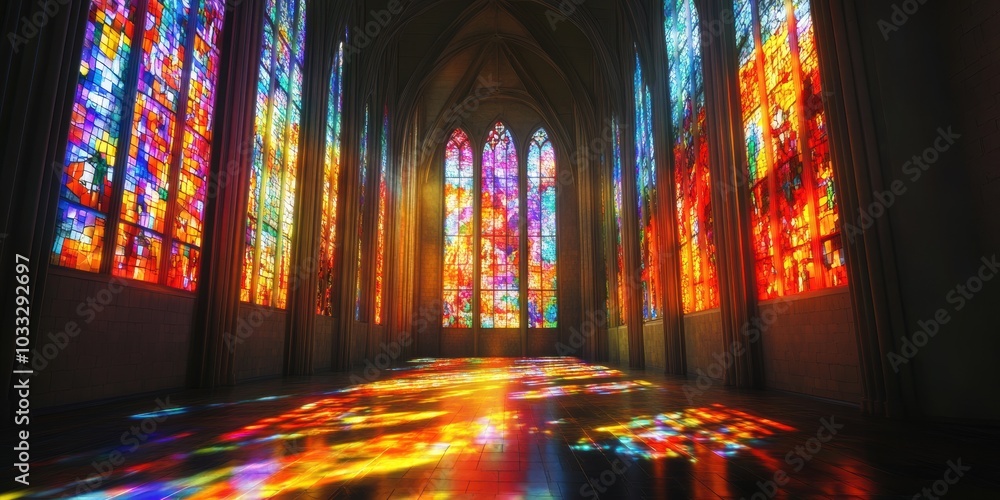 Stained glass windows illuminate a dark hall. Stained glass windows illuminate a dark hall.