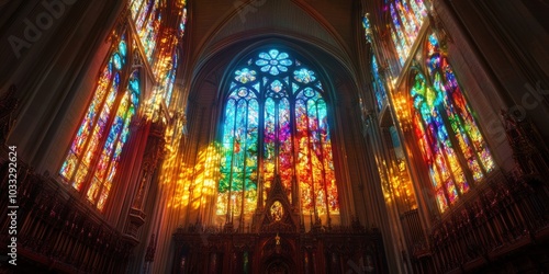 Stained glass windows illuminate church interior.