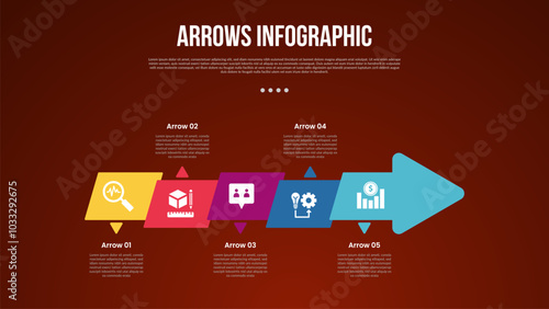 arrows template infographic with skew square up and down on arrow shape right direction with 5 point with dark style for slide presentation photo