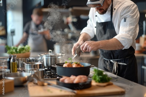 Futuristic Augmented Reality Cooking Class with Virtual Chef in High-Tech Kitchen