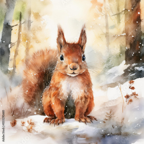 Aquarell watercolor Eichhörnchen im Winterwald