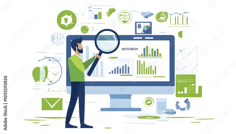Illustration of digital marketing, with SEO text in green font. A man is holding coins near a computer screen, showing a search engine excitedly Illustration of digital marketing, with SEO text in green font. A man is holding coins near a computer screen, showing a search engine excitedly