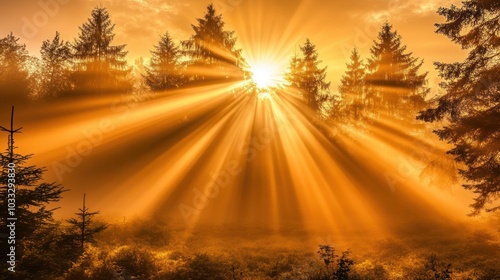 A bright sun shines through a misty forest at dawn, creating a warm and magical atmosphere.