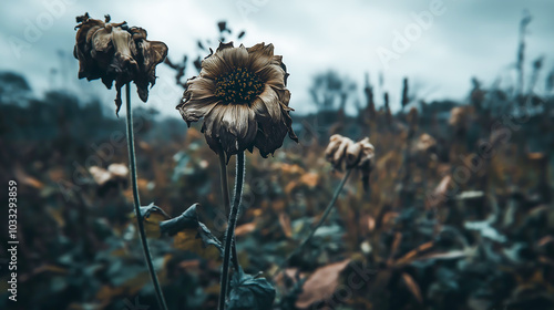 Withered and dried flowers in a neglected garden, The once vibrant blooms now droop lifelessly, Abandonment and decay