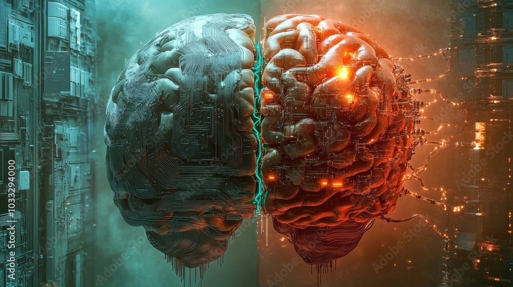 Cyberpunk brain split between light and dark. Cyberpunk brain split between light and dark.