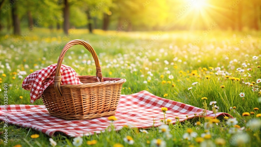 Picnic duvet on meadow with empty basket Picnic duvet on meadow with empty basket