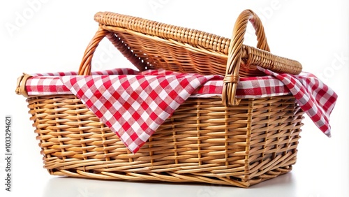 Picnic wicker basket with checkered napkin isolated on white