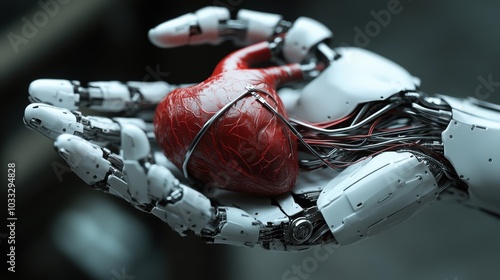 Robotic hand holding a human heart.