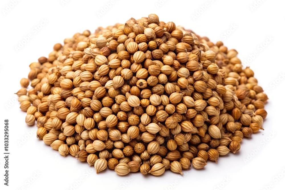 Pile of organic dried coriander seeds isolated on white background Pile of organic dried coriander seeds isolated on white background