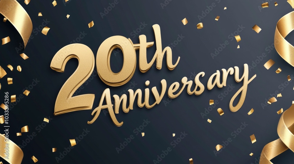 20th Anniversary written in gold with confetti and ribbons on a black background, illustration, banner design for a website template. 20th Anniversary written in gold with confetti and ribbons on a black background, illustration, banner design for a website template.