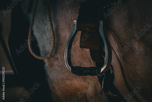 Bild auf Leinwand closeup of rustic western saddle and leather stirrups