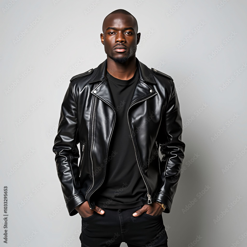 Obraz premium Confident Dark-Skinned Man in Black Leather Jacket