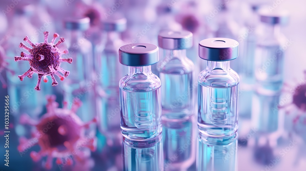 Vials of Vaccine with a Coronavirus Model in the Foreground Vials of Vaccine with a Coronavirus Model in the Foreground