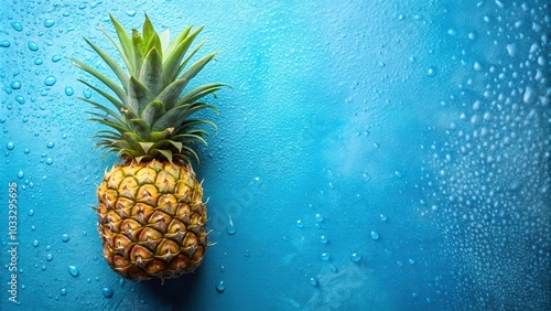 Pineapple on blue background with water droplets high angle view