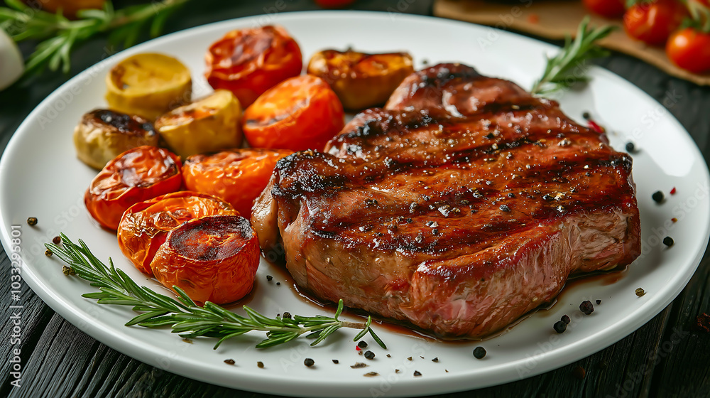 The steaks are tender with perfect grill, with roasted vegetables served on white ceramic plates The steaks are tender with perfect grill, with roasted vegetables served on white ceramic plates