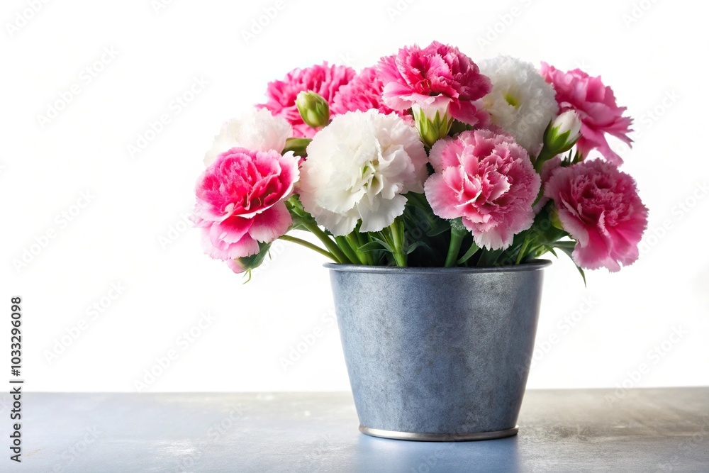 Pink and white carnations in a grey pot isolated on white background Pink and white carnations in a grey pot isolated on white background