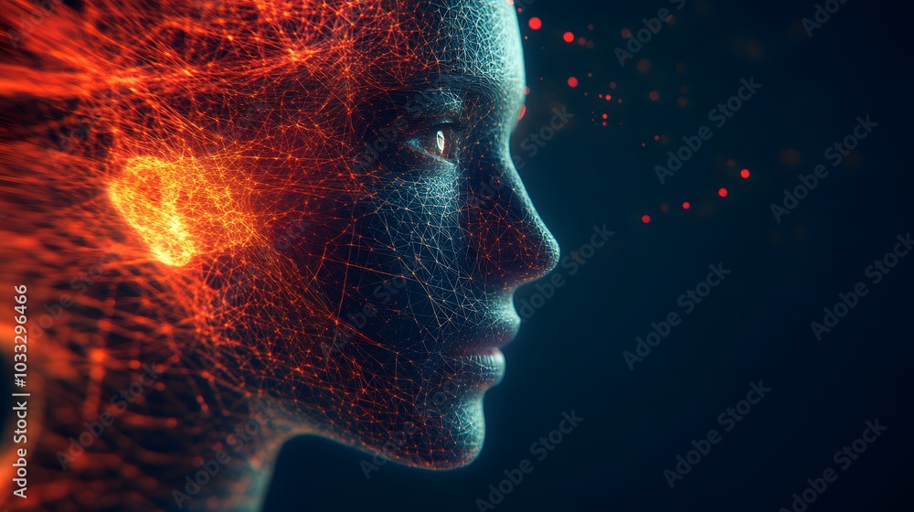Abstract Digital Portrait of a Person with Red and Blue Network Lines Abstract Digital Portrait of a Person with Red and Blue Network Lines