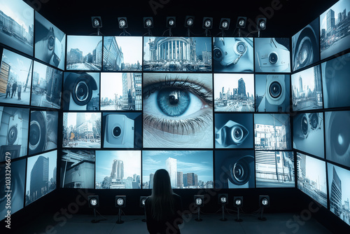 A woman is looking at a wall of monitors displaying many different images