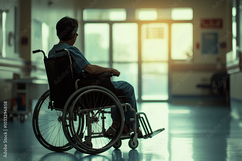 Aged patient sit on wheelchair in hospital, Selective focus old man with health problem in hospital, Back shot of patient with knee problem sit on wheelchair. Aged patient sit on wheelchair in hospital, Selective focus old man with health problem in hospital, Back shot of patient with knee problem sit on wheelchair.